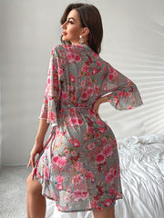 Floral Mesh Night Robe Lace V Neck Robe