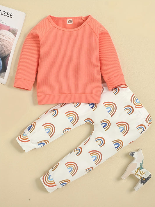 Baby Girl's Ribbed Top & Rainbow Print Pants Set