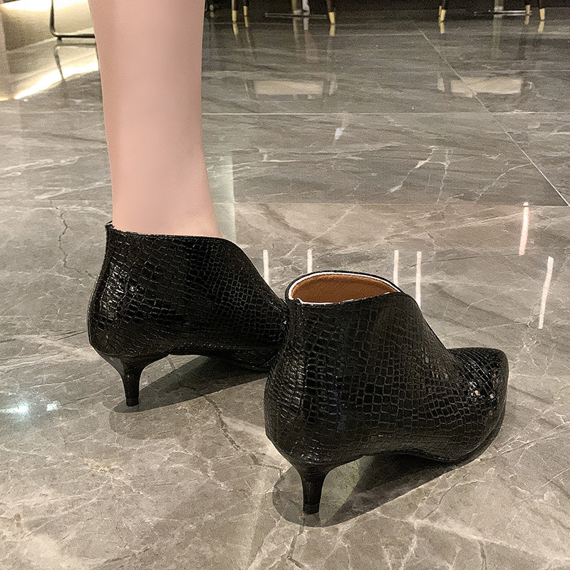 Crocodile Embossed Ankle Boots Women's Point Toe Heels