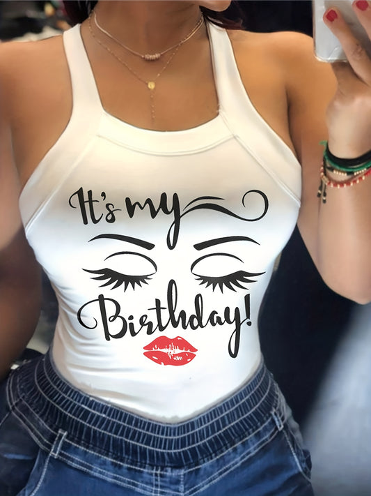 Figure & Letter Print Cami Top Sexy Back Bow Slim Spaghetti Strap Top