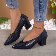 Snakeskin Chunky Heels Pointed Toe Pumps