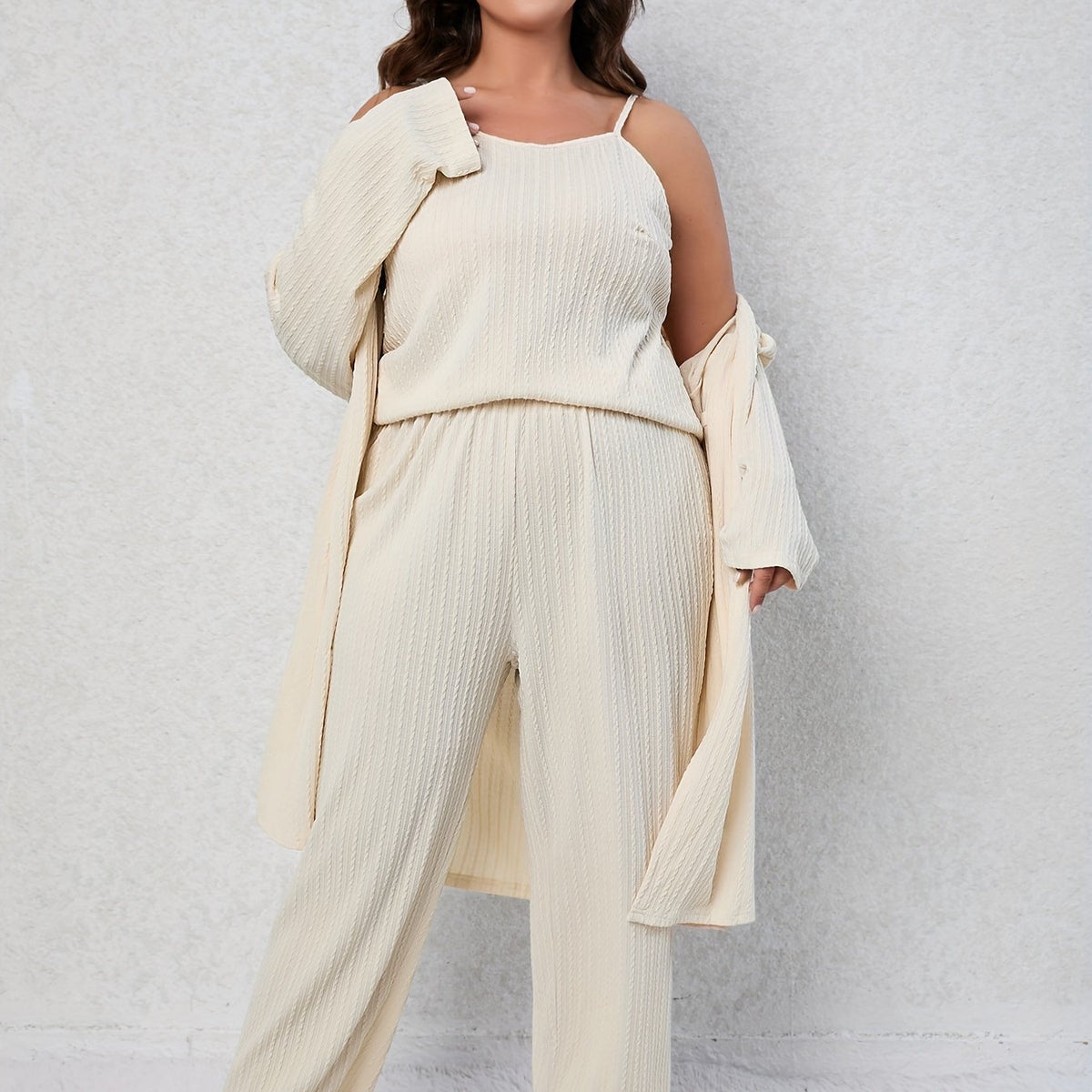  Textured Cami Top & Wide Leg Pants & Robe Pajama Set