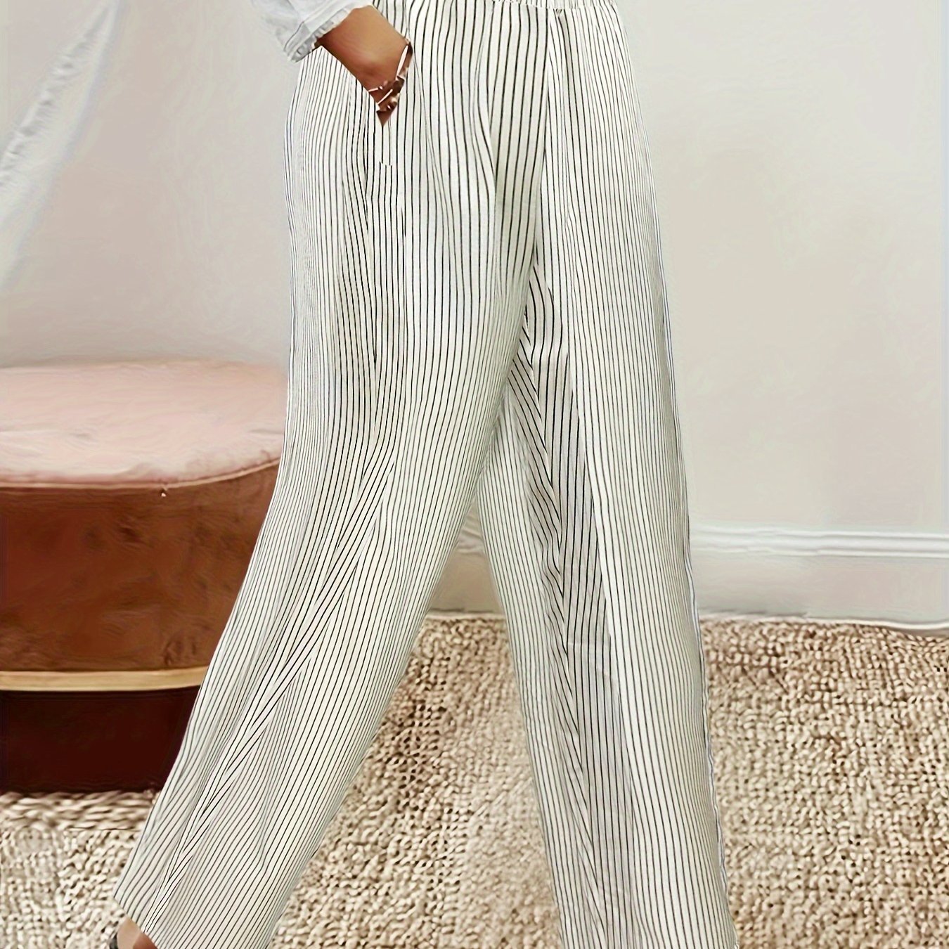 Women's Plus Stripe Print Loose Fit Trousers With Pockets