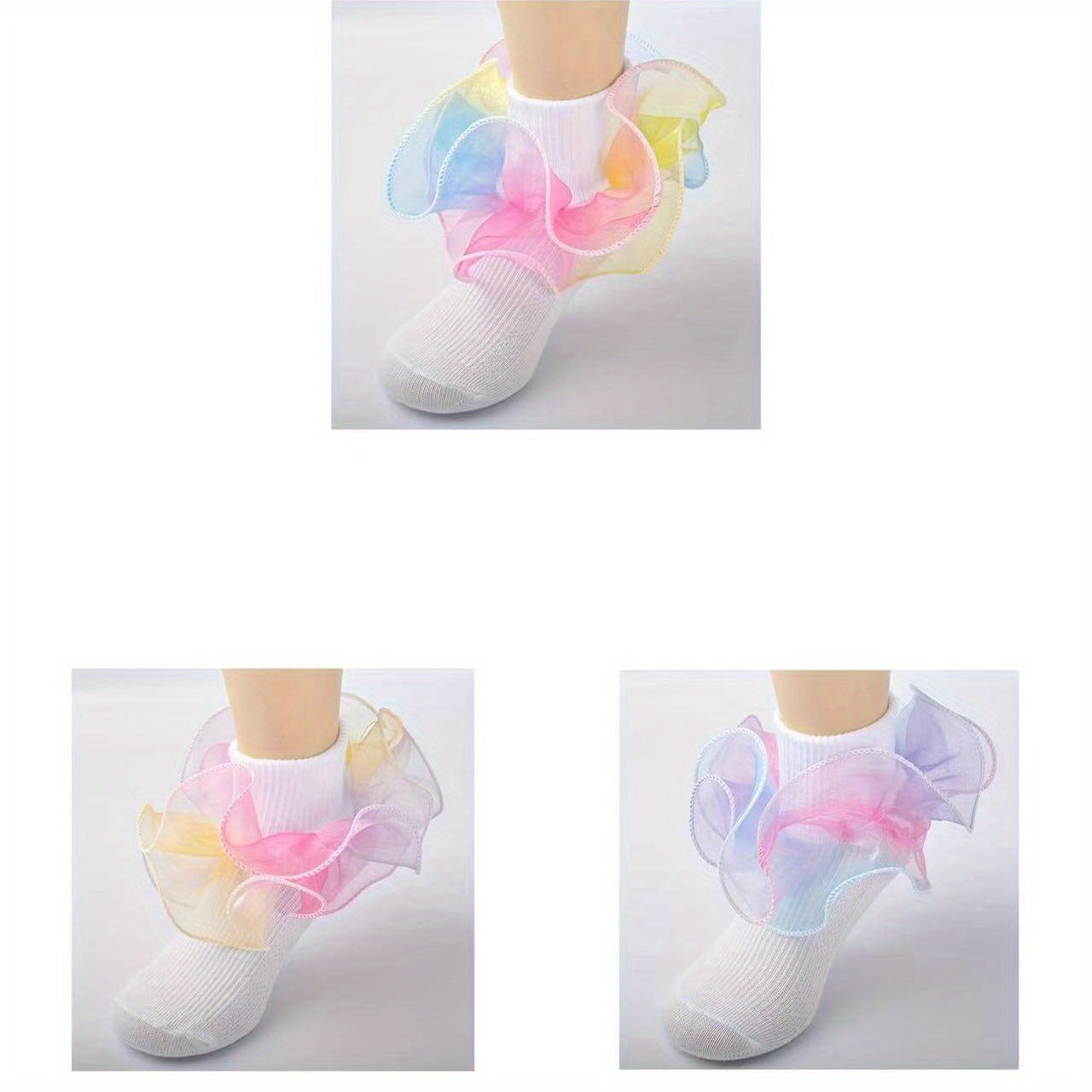 3 Pairs Baby Girls Rainbow Lace Ruffled Socks Breathable Comfy Socks