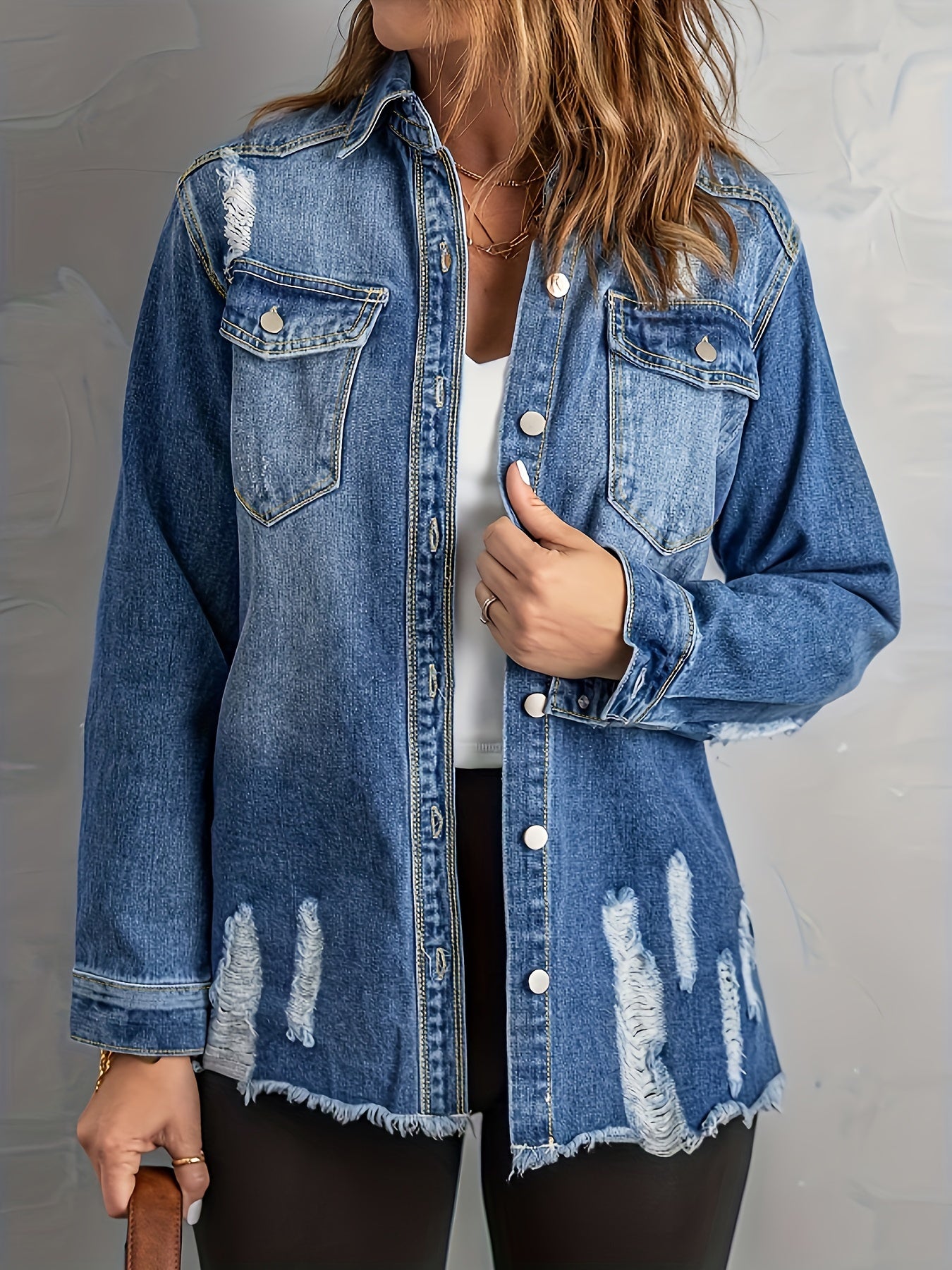  Ripped Denim Jacket Women's Long Sleeve Washed Jean Jacket