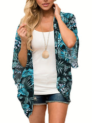 Floral Print V Neck Half Sleeve Cover Up Kimono Beach Cover Up