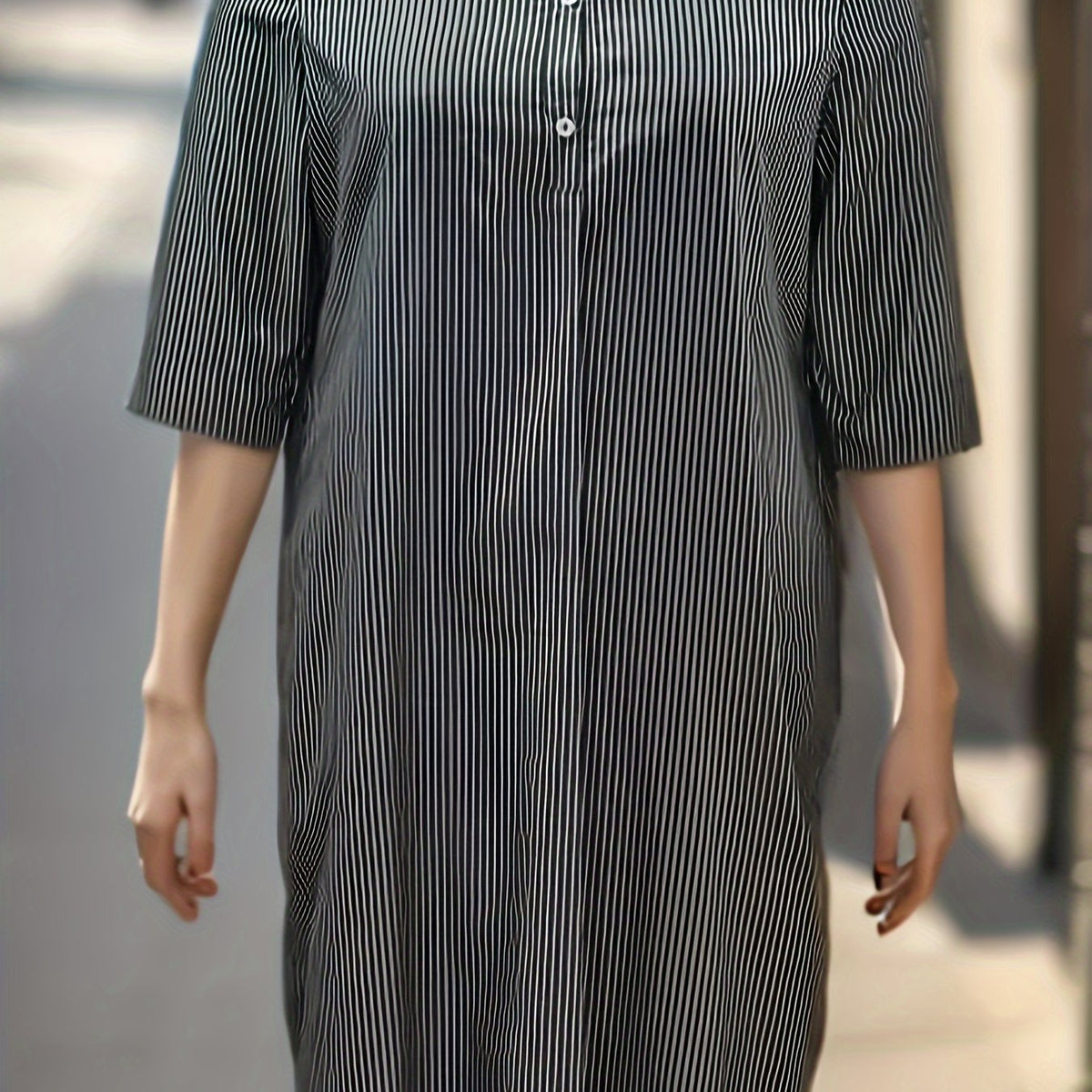  Stripe Print Button Up Half Sleeve Shirt Dress
