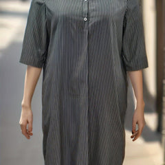  Stripe Print Button Up Half Sleeve Shirt Dress