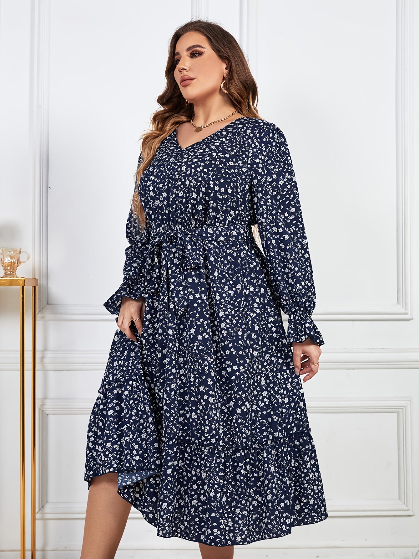  Ditsy Print Ruffle Trim Lantern Sleeve V Neck Midi Dress