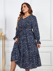  Ditsy Print Ruffle Trim Lantern Sleeve V Neck Midi Dress