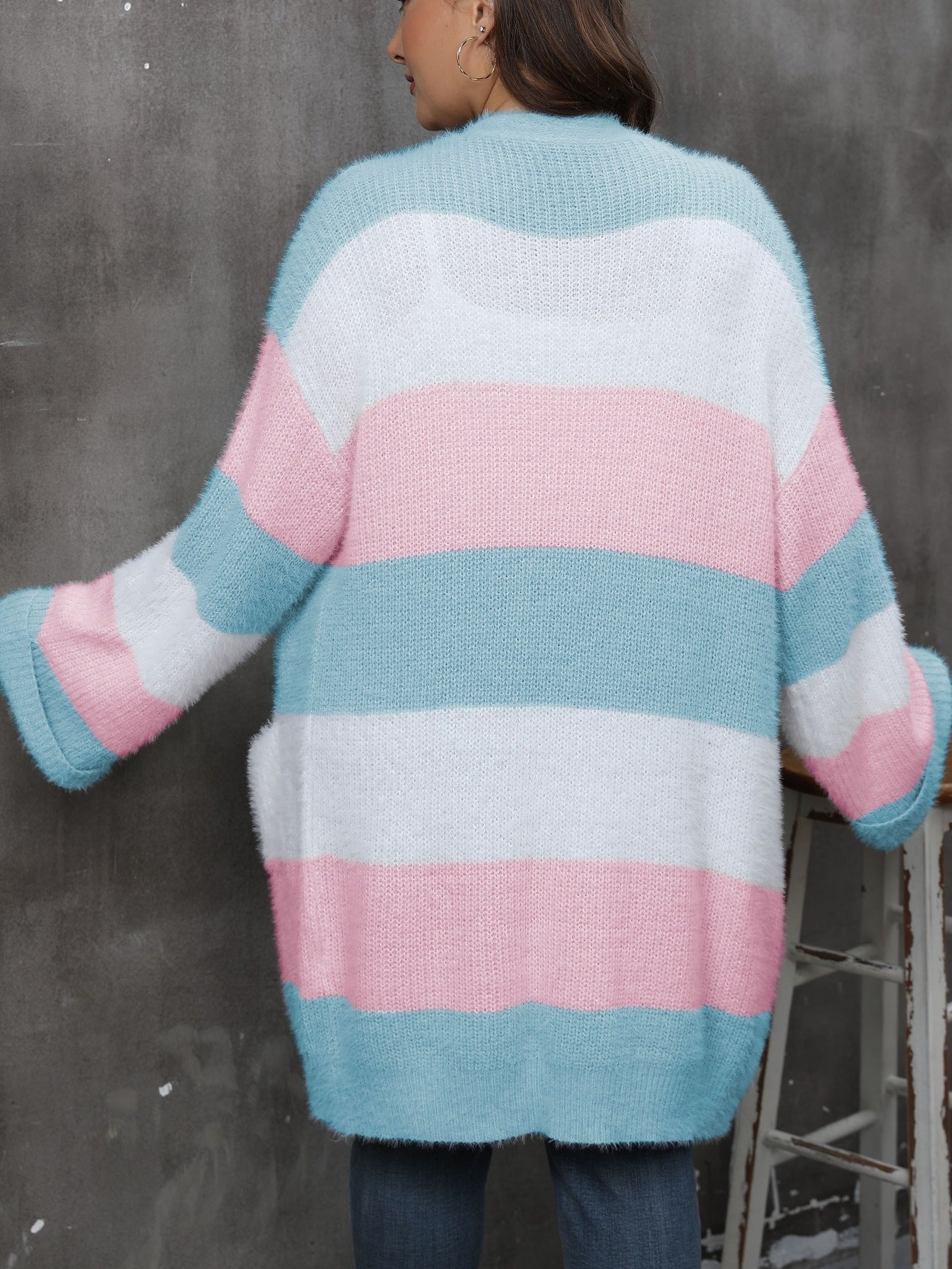  Colorblock Eyelash Long Sleeve Cardigan With Pockets