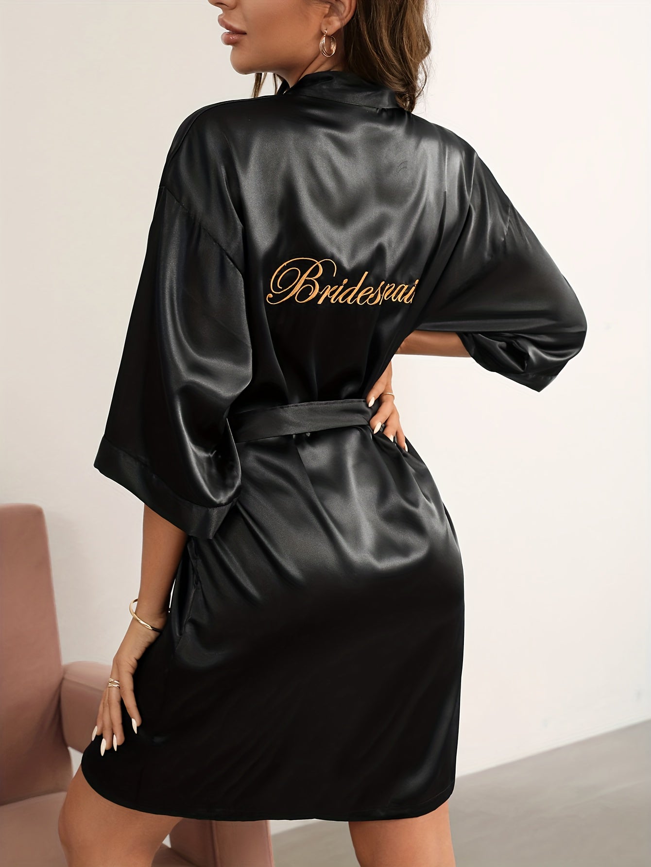 Embroidery Night Robe Deep V Satin Robe Women's Sleepwear