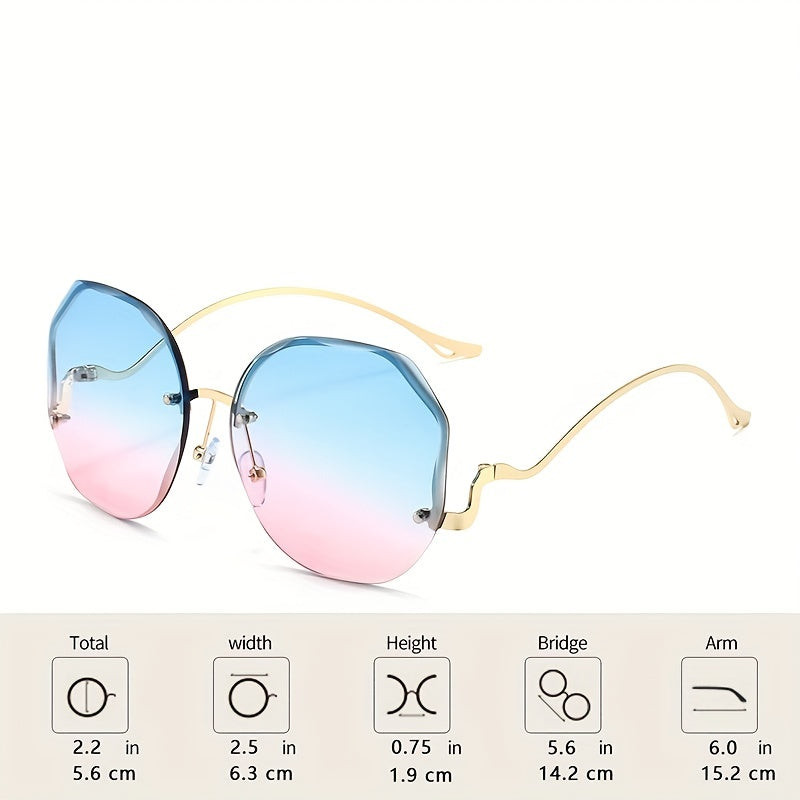 Round Rimless Sunglasses Ombre Lens Metal Temple UV400