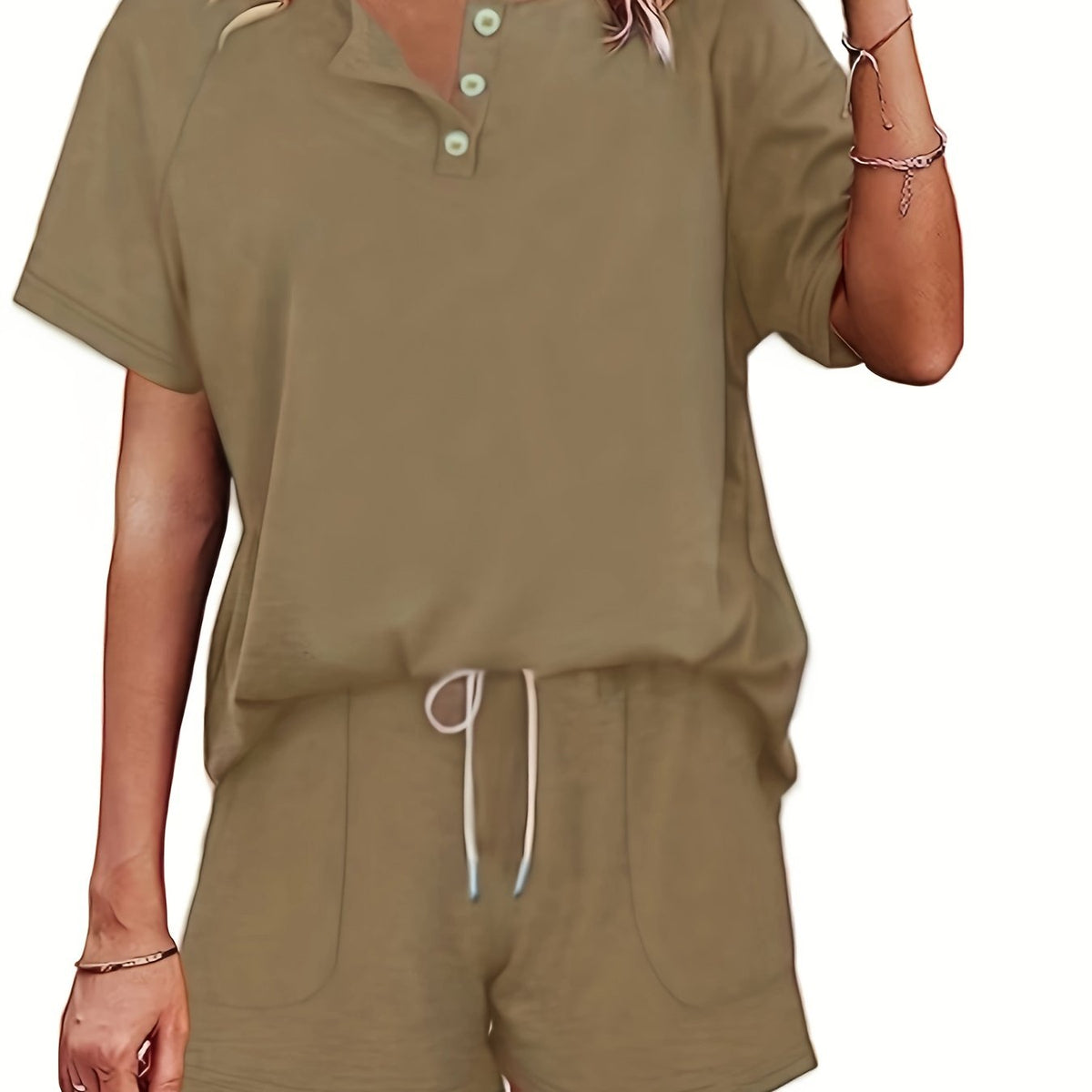  Solid Button Up Short Sleeve Top & Drawstring Shorts Set