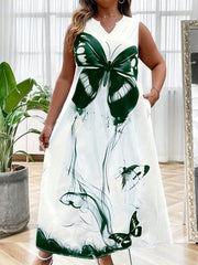  Casual Butterfly Print Notched Neck Stretch Maxi Dress