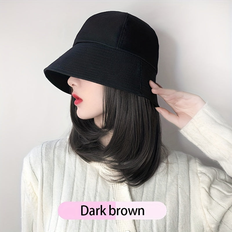Women's Bucket Hat Wig Shoulder Length Curly Hair Solid Outdoor Sunscreen Hat