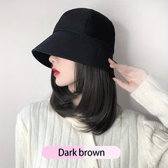 Women's Bucket Hat Wig Shoulder Length Curly Hair Solid Outdoor Sunscreen Hat