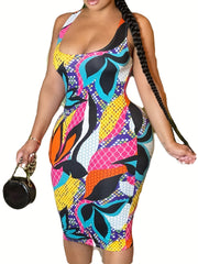  Colorblock Floral Print Midi Tank Dress