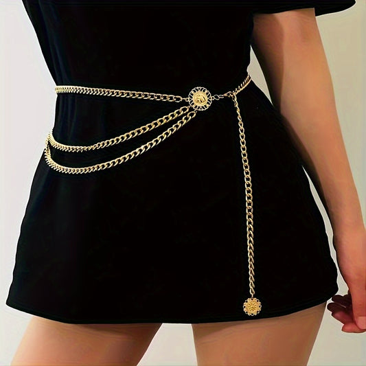 Boho Tassel Waist Chain Belt w/ Sun Pendant, Adjustable Elastic for Women