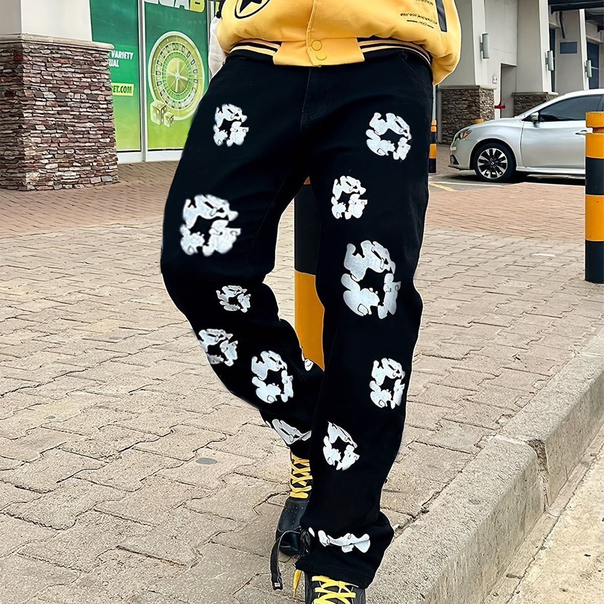 Men's Floral Pattern Loose Fit Jeans Street Style Denim Pants