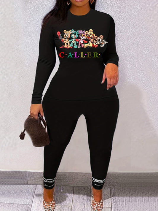 Graphic Print Long Sleeve Tee & Skinny Pants Set