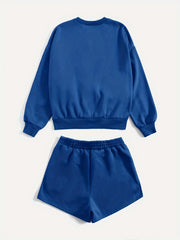 Casual Two piece Set Crew Neck Long Sleeve Sweatshirt & Shorts