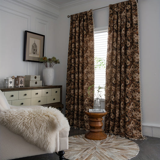 Rustic Coffee Flowers Curtain with Tassels
