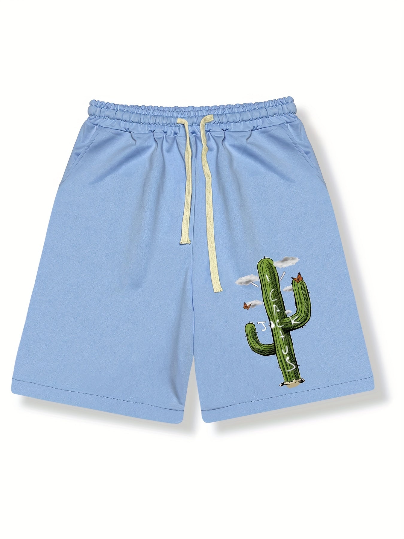 Cactus Pattern Comfy Shorts Men's Casual Solid Elastic Waist Drawstring Shorts