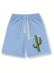Cactus Pattern Comfy Shorts Men's Casual Solid Elastic Waist Drawstring Shorts