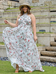  Floral Print Halter Neck Maxi Party Dress