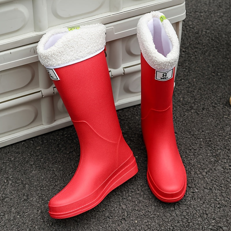 Red Fleece Liner Rain Boots Waterproof Slip on High Boots