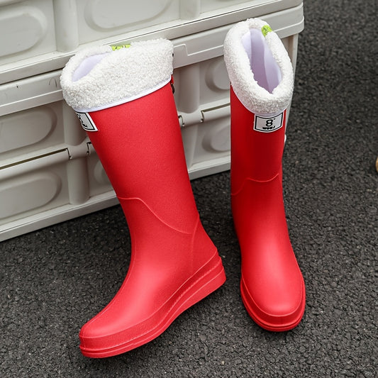 Red Fleece Liner Rain Boots Waterproof Slip on High Boots