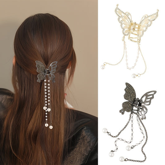 Butterfly Rhinestone Hair Claw Clip with Tassel - Golden