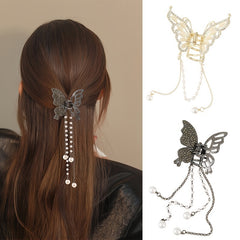 Butterfly Rhinestone Hair Claw Clip with Tassel - Golden