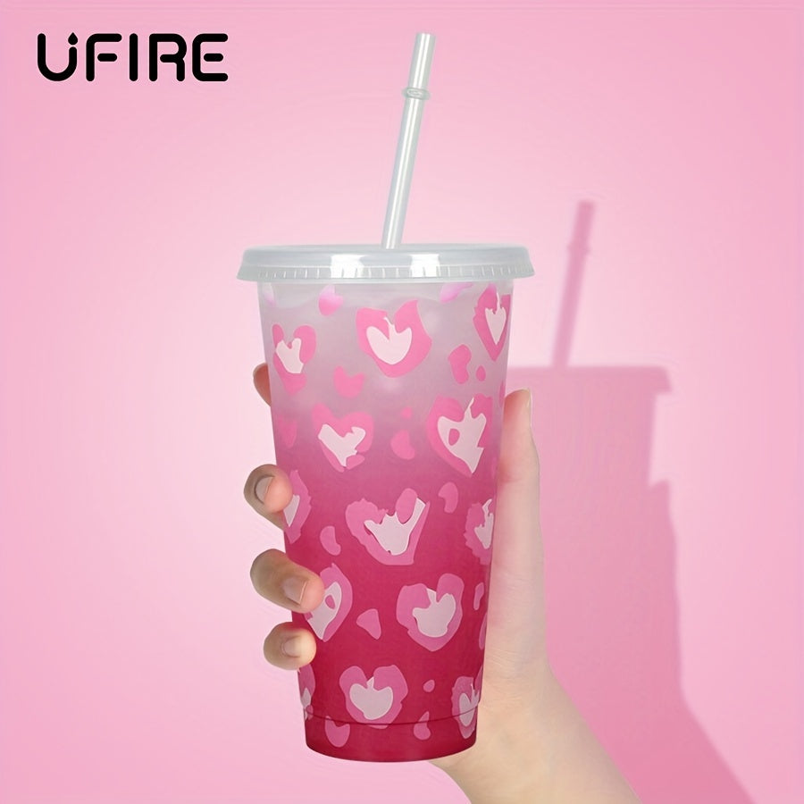 Love Heart Pattern Changing Cup With Straw And Lid 710ml