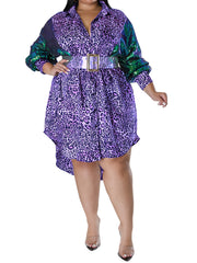  Colorblock Leopard Print Sequin Button Up Long Sleeve Shirt Dress