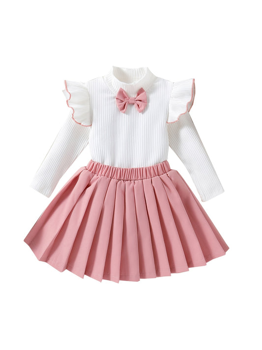 Preppy Girl's Bowknot Top & Skirt Set Ruffle Casual Outfits