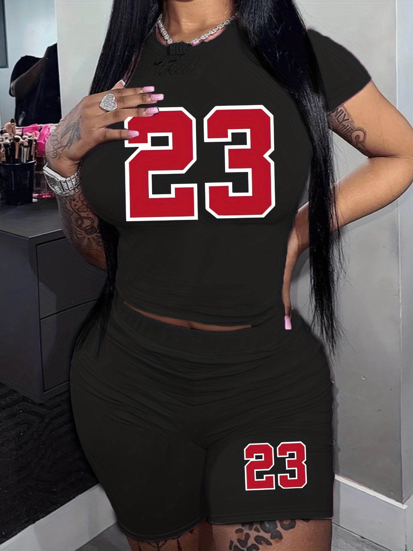 Casual Two piece Set Crew Neck Tee & Workout Shorts Women's Clothing
