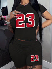 Casual Two piece Set Crew Neck Tee & Workout Shorts Women's Clothing