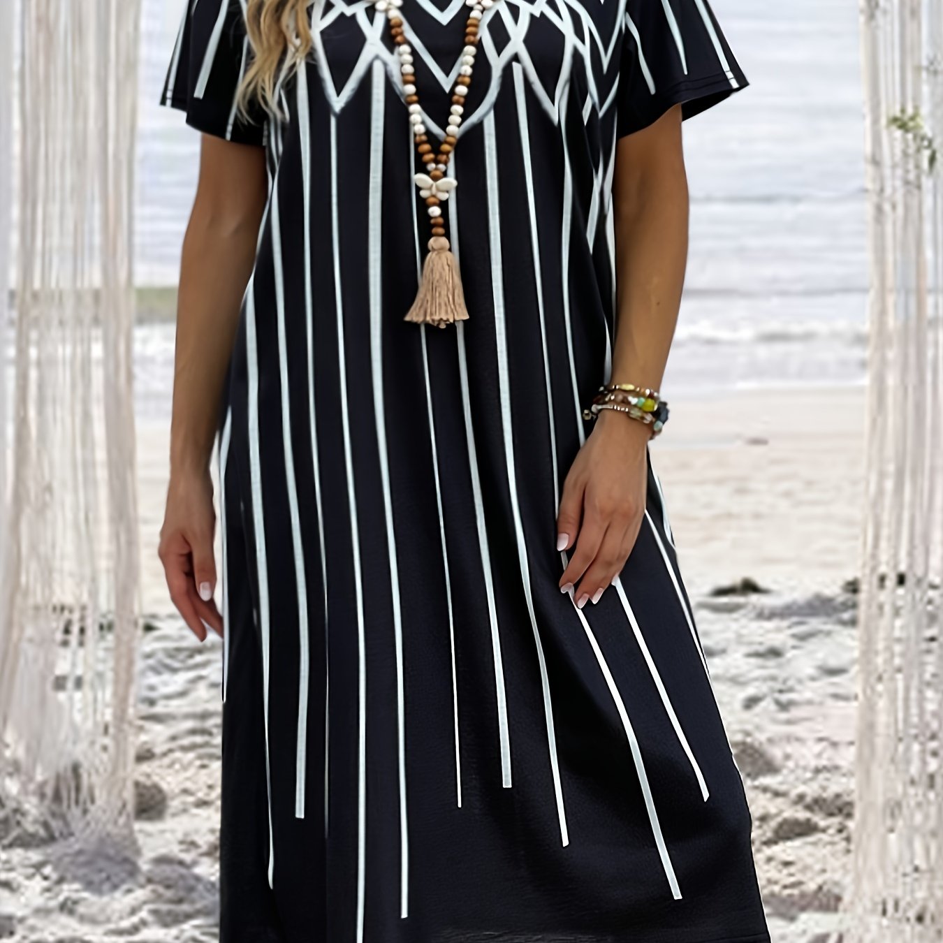  Geometric Print Short Sleeve Tee Dress With Pockets