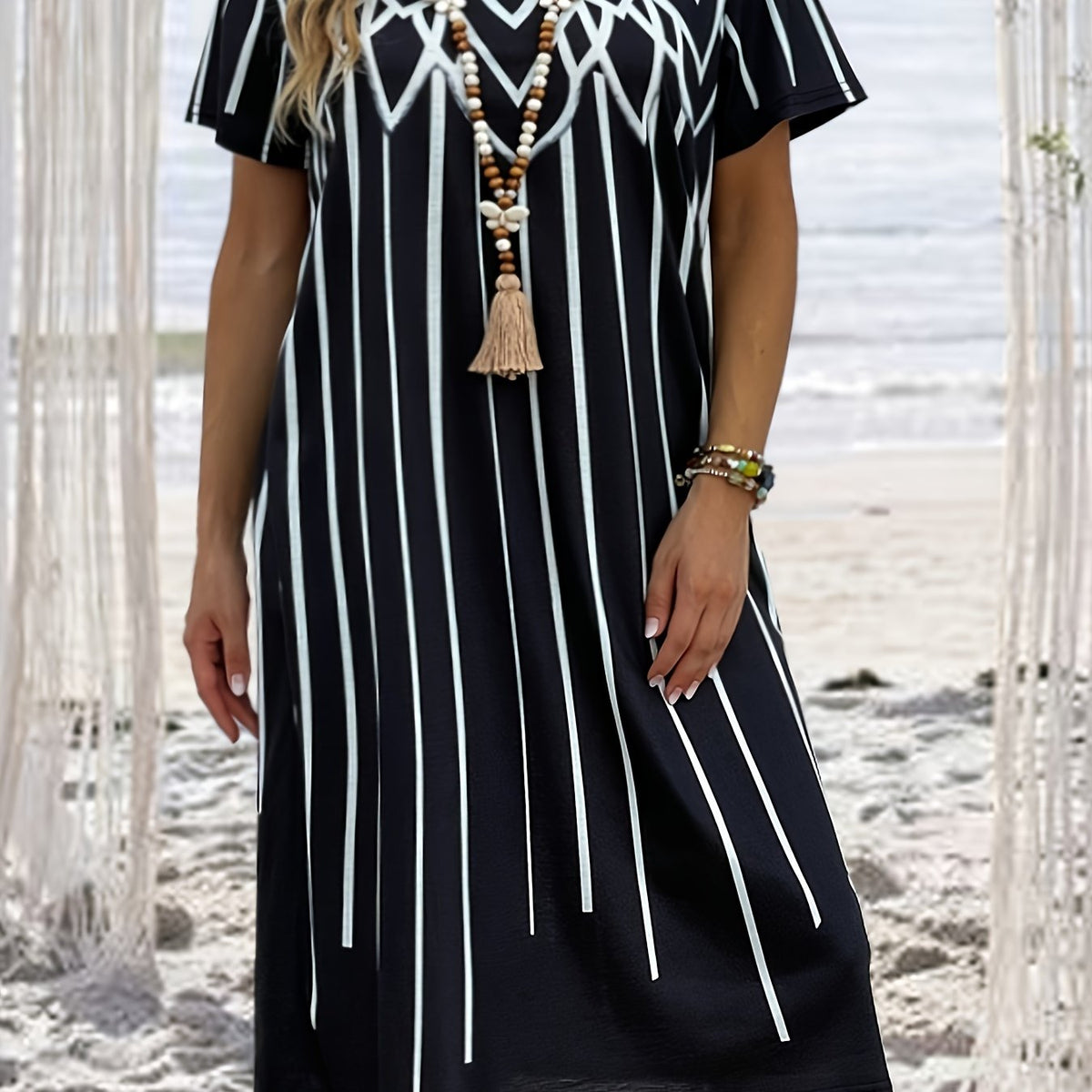  Geometric Print Short Sleeve Tee Dress With Pockets