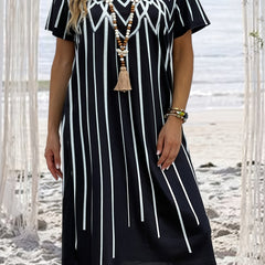  Geometric Print Short Sleeve Tee Dress With Pockets