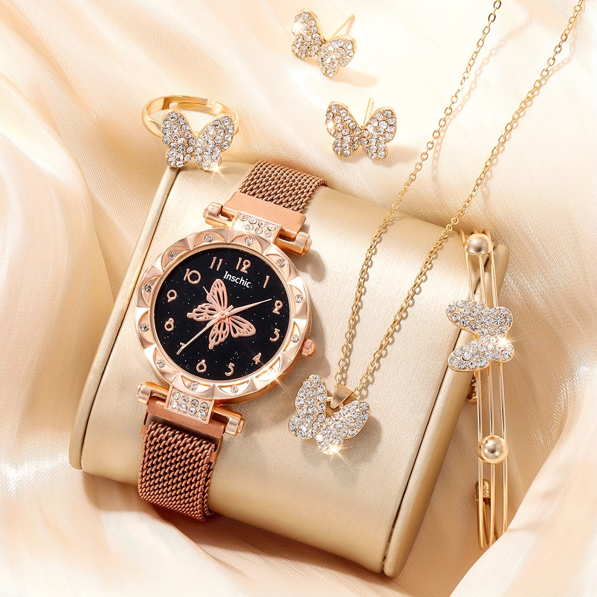 Butterfly Rhinestone Quartz Watch with Bracelet and Jewelry Set