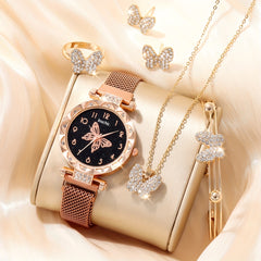 Butterfly Rhinestone Quartz Watch with Bracelet and Jewelry Set