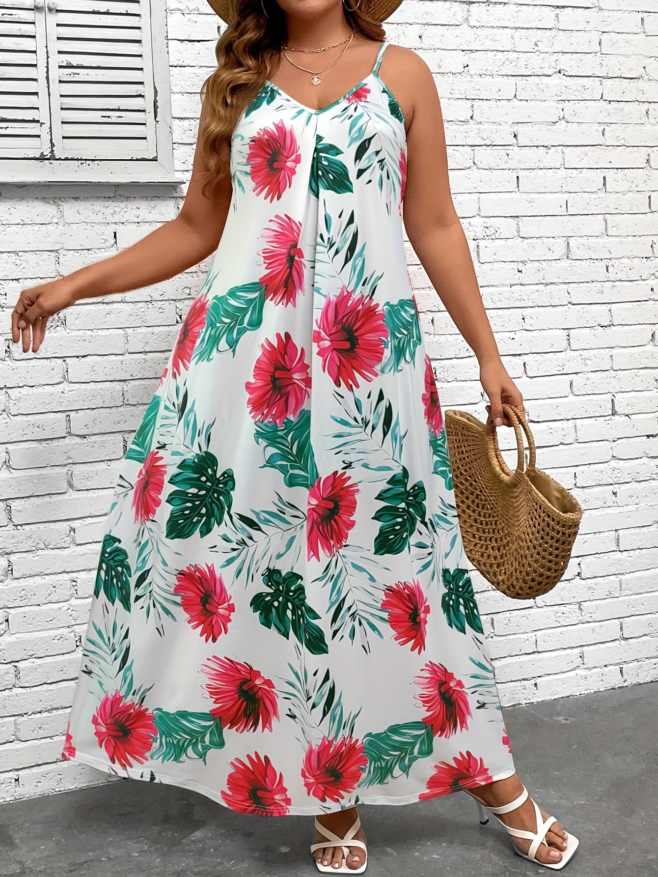 Plus Tropical Print V Neck Stretch Maxi Cami Dress