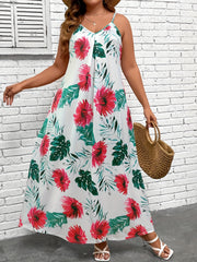 Plus Tropical Print V Neck Stretch Maxi Cami Dress