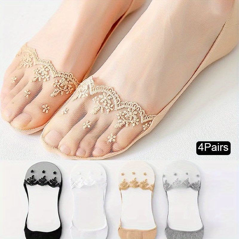 4 Pairs Floral Lace Mesh Socks Invisible Ankle Stockings