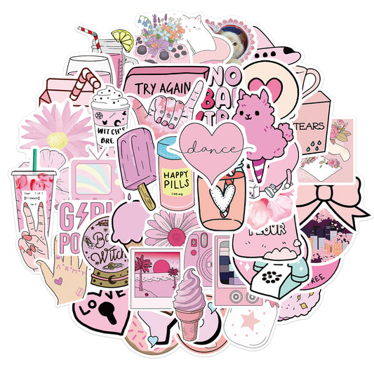 50pcs Reusable Vinyl Stickers - Cats Hearts Stars Donuts Motivational Quotes