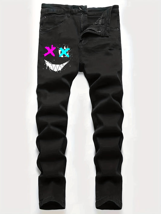 Slim Fit Grimace Print Jeans Mens Casual Stretch Street Style Denim Pants