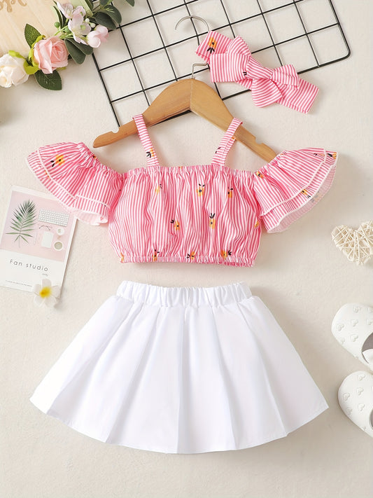 3pcs Newborn Baby Girls Off Shoulder Top & Skirt Set Clothes